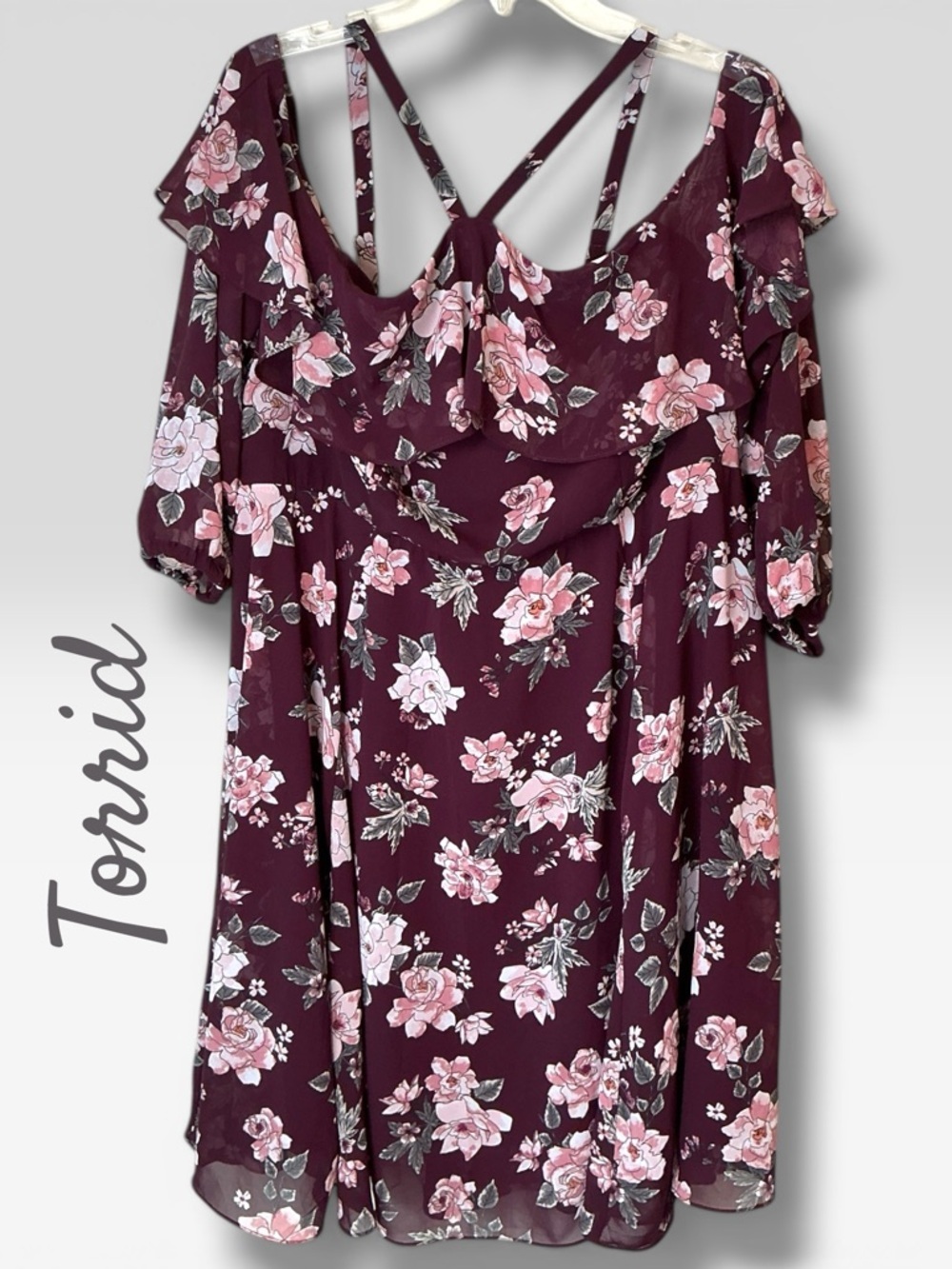 🌺Torrid burgundy floral print chiffon ruffled skater dress - Picture 4 of 9